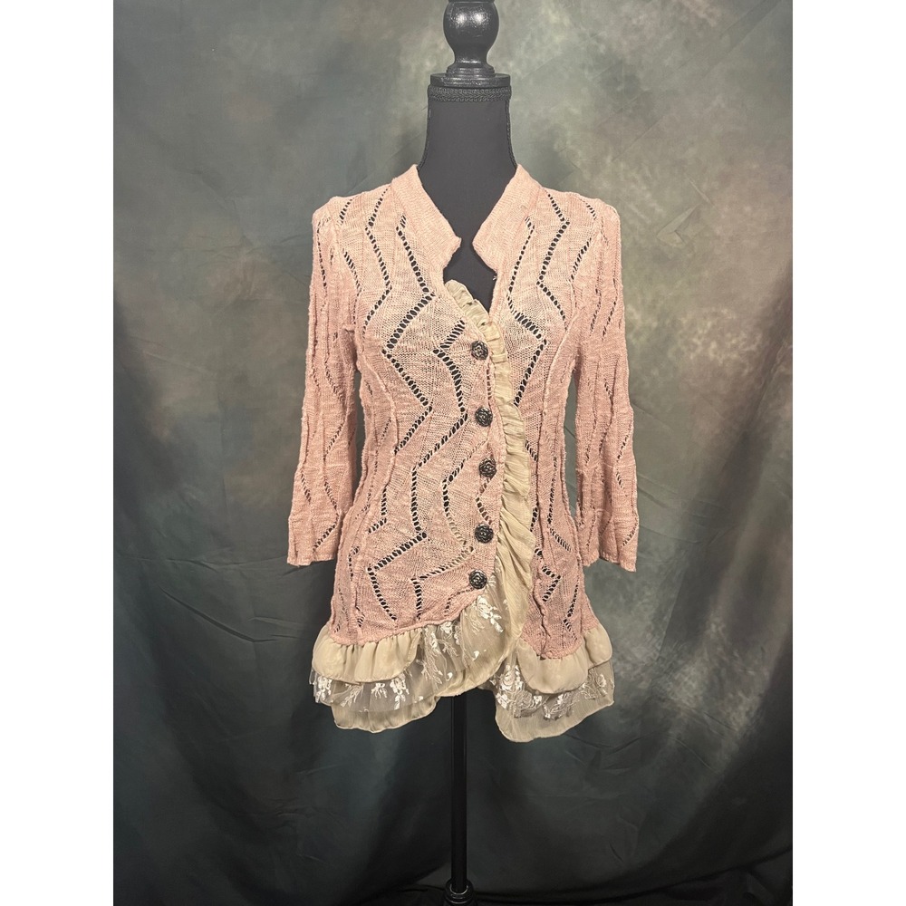 BKE Boutique Pink Pointelle Knit Ruffle Lace Cardigan Womens Small